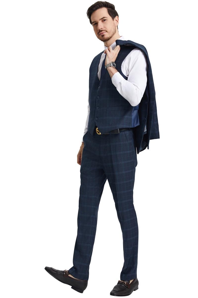 Men's Stacy Adams Vested Modern Fit Windowpane Plaid Suit in Navy Blue - Image 3