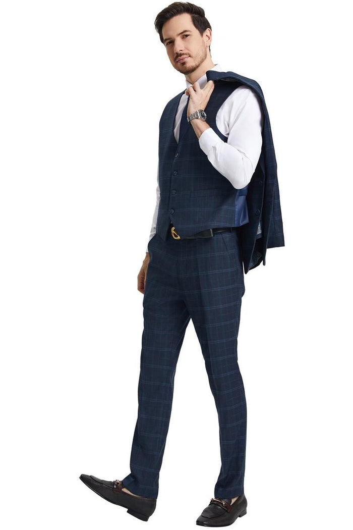 Men's Stacy Adams Vested Modern Fit Windowpane Plaid Suit in Navy Blue - Image 3