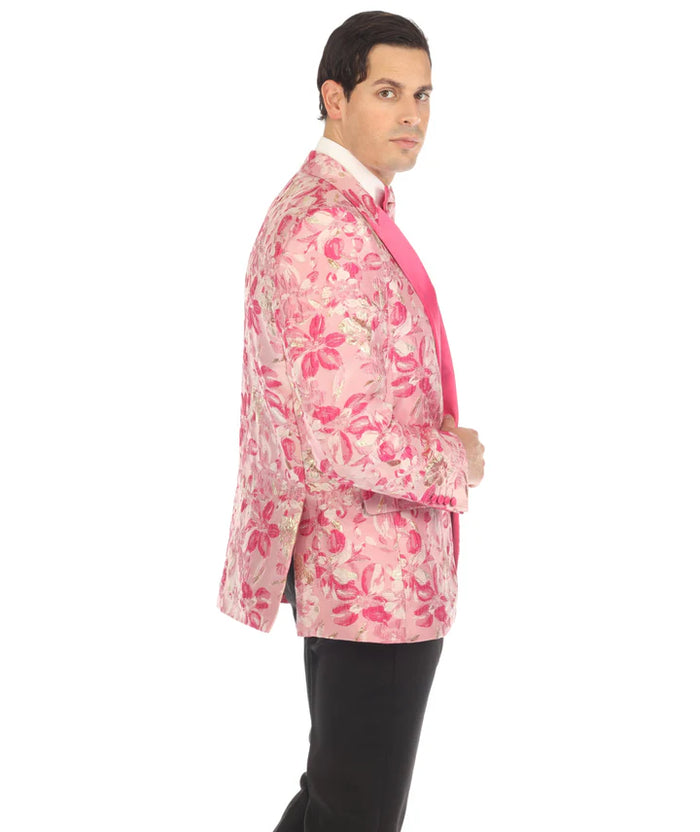 Men’s Drake Fuchsia Floral Tuxedo Blazer – Slim Fit Peak Lapel 1 Button Prom Dinner Jacket for Weddings & Formal Events