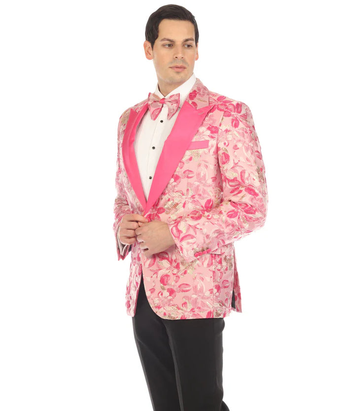 Men’s Drake Fuchsia Floral Tuxedo Blazer – Slim Fit Peak Lapel 1 Button Prom Dinner Jacket for Weddings & Formal Events