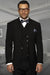 Men's Designer Vested One Button Peak Lapel Wide Leg Pant Wool Suit in Black