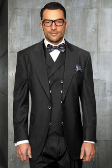 Men's Designer Vested One Button Peak Lapel Wide Leg Pant Wool Suit in Charcoal Grey