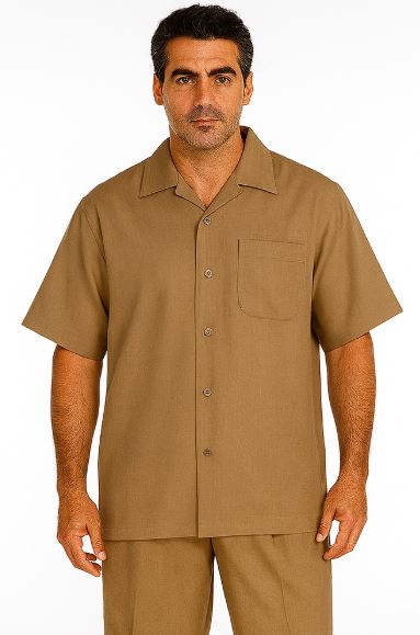 Walking Suit Short Sleeve Casual Shirt and Pants Set - Tan