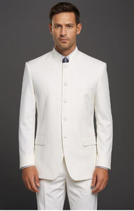 Designer Brand Men'S White 5 Button Mandarin Collar Suits For Men - All White Suit