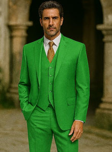 Men's  Lime Green ~ Apple   Vested 3 Piece Suit Flat Side Vented  2 button suits