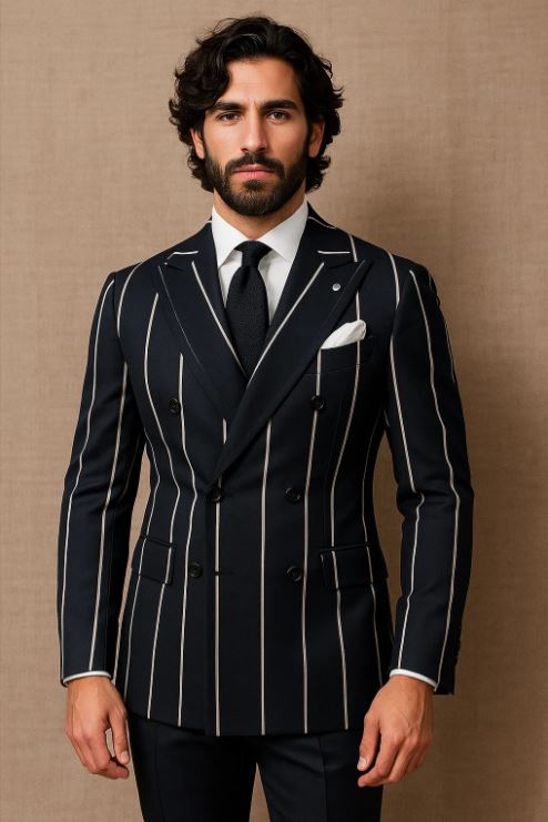 1920s style in this Gangster Pinstripe Double-Breasted Suit. Black/Gold or Navy/White options—perfect for Gatsby parties, cosplay, or vintage flair.