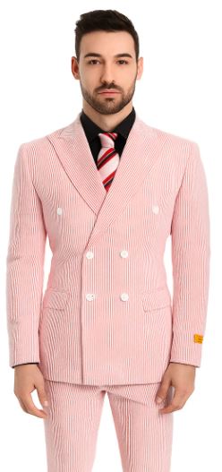Red Double Breasted Suit - Red and White Pinstripe Suit - Red Seersucker Suit - Cotton Suit