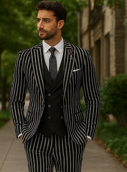 1920s Style Suit - Gangster Suit - Pinstripe Suit - Double Breasted Suits - Black and White Pinstripe