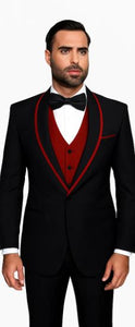 Black with Red Lapel Vested 100% Wool Tuxedo