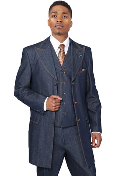 Mens Blue Denim Zoot Suit – Long Vested Vintage Jeans Style