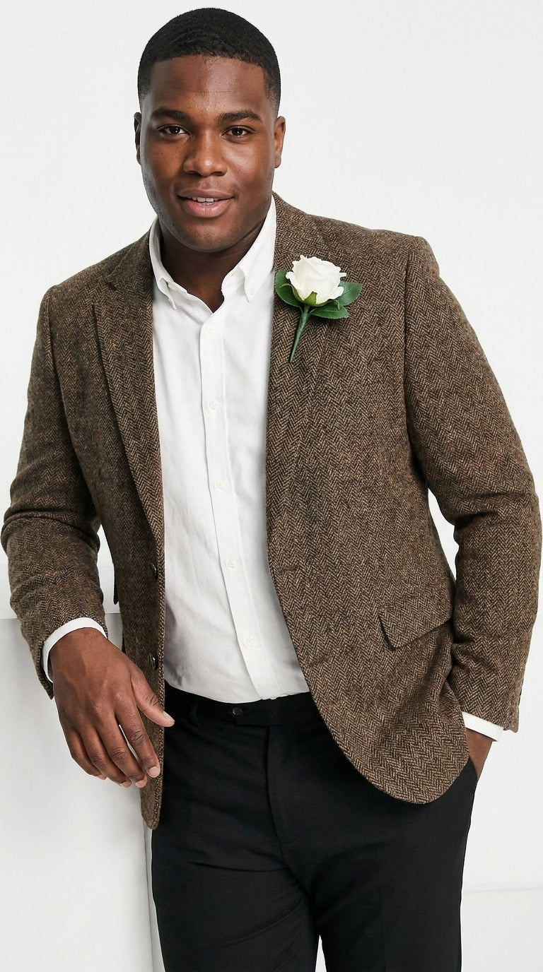 Men’s Dark Brown Tweed Herringbone Blazer, Classic Dress Sport Coat for Wedding and Casual Wear