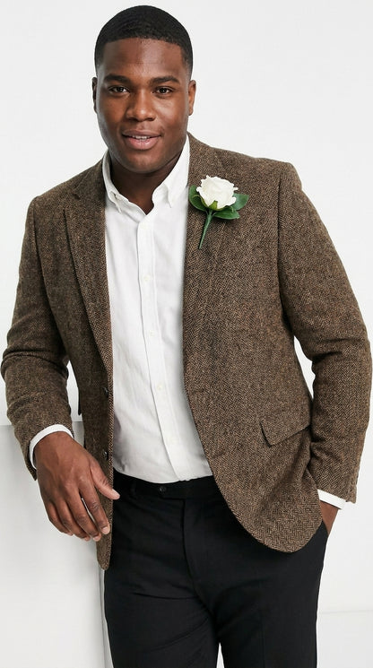 Men’s Dark Brown Tweed Herringbone Blazer, Classic Dress Sport Coat for Wedding and Casual Wear