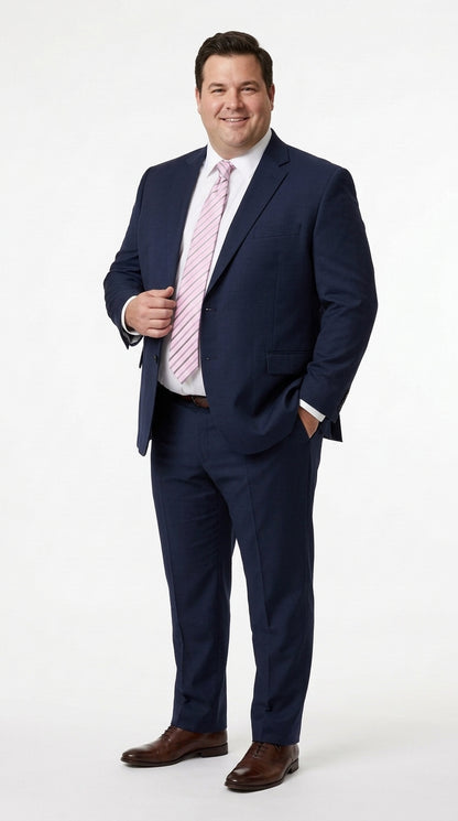 Men’s Navy Blue Big and Tall 2 Button Suit, Solid Plus Size Formal Wedding Business Suit