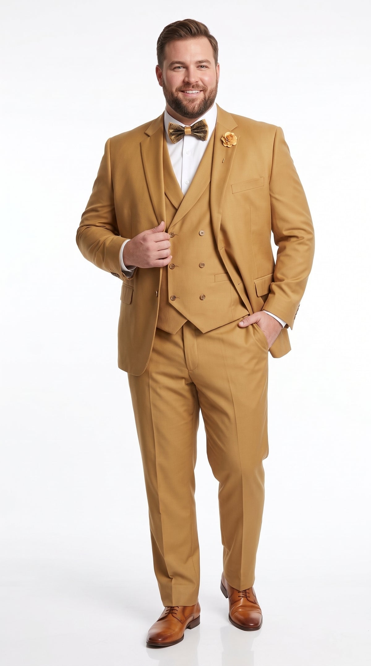 Men’s Camel Classic Fit 3 Piece Suit, Vested Formal Wedding Prom Suit with Knee Lined Pants