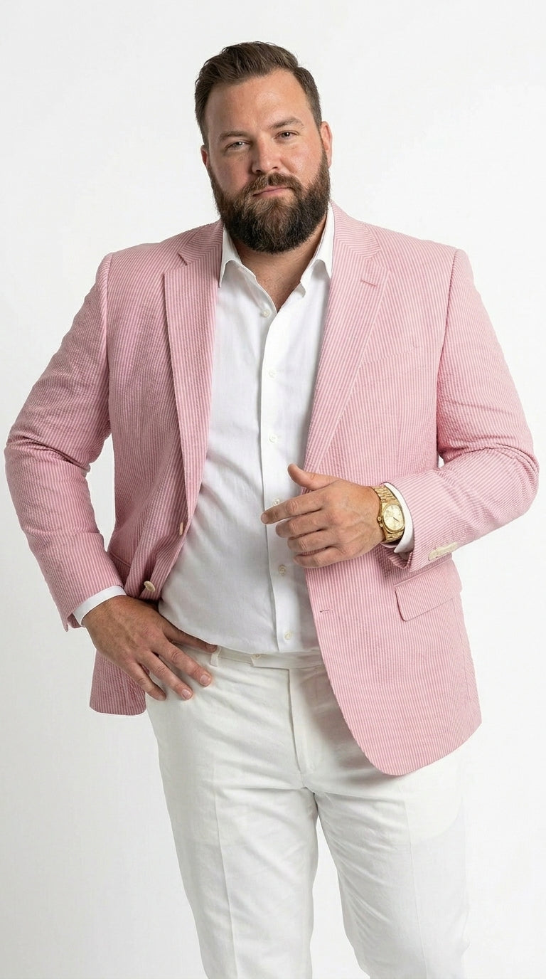 Men’s Light Red Seersucker Blazer Jacket with Notch Lapel, Dress Casual Sport Coat