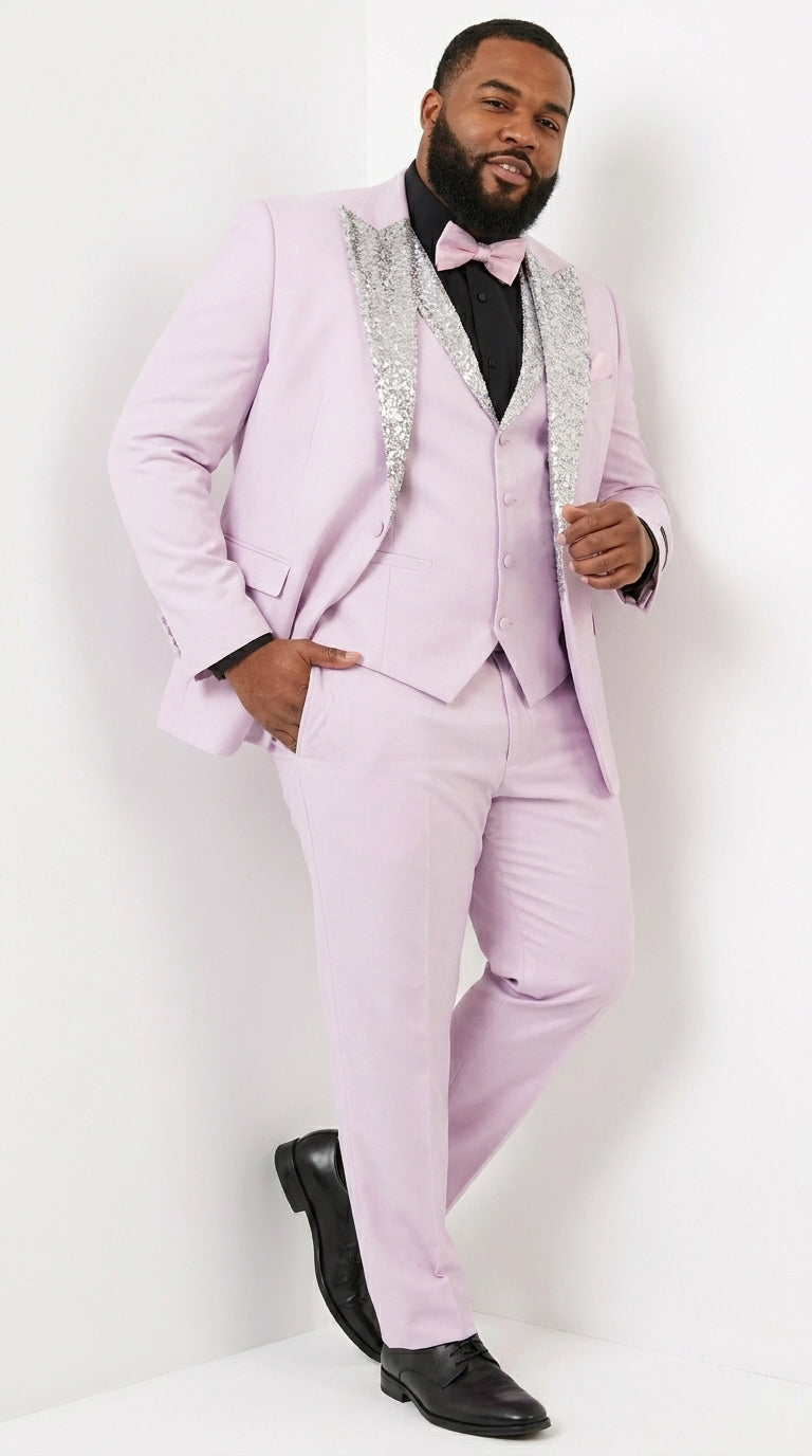 Gray and Pink Prom Tuxedo - Perfect Wedding Suit Vested rhinestone sequin Lapelled