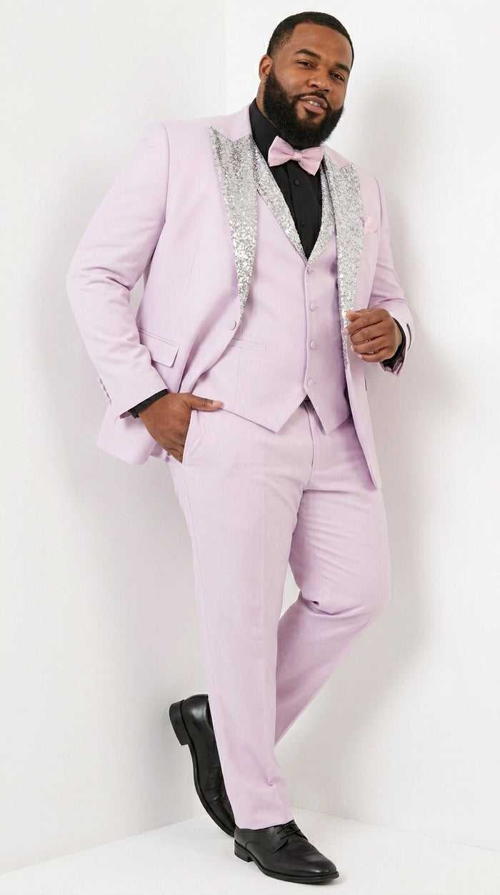 Gray and Pink Prom Tuxedo - Perfect Wedding Suit Vested rhinestone sequin Lapelled