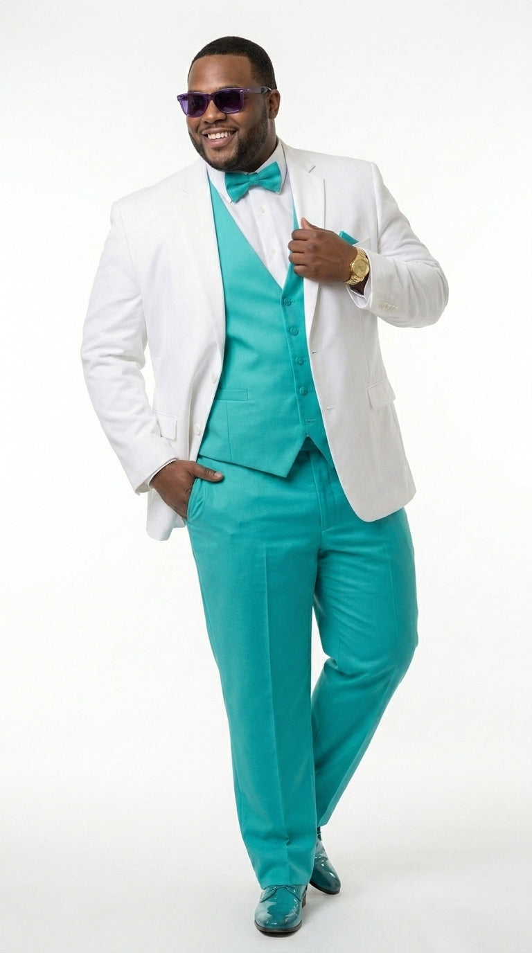 White and Turquoise Tuxedo Wedding Suit - White Dinner Jacket + Vest + Pants + Bow-tie