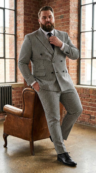 Men’s Black and White Houndstooth 2 Piece Wool Suit with Double Breasted Jacket and Pants
