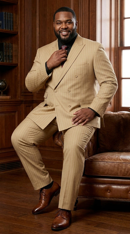 Mens Double Breasted Gangster Bold Pinstripe Suit in Camel
