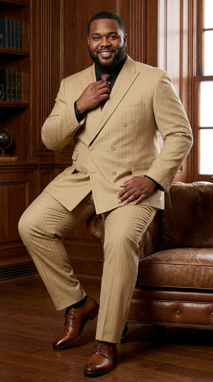 Mens Double Breasted Gangster Bold Pinstripe Suit in Camel