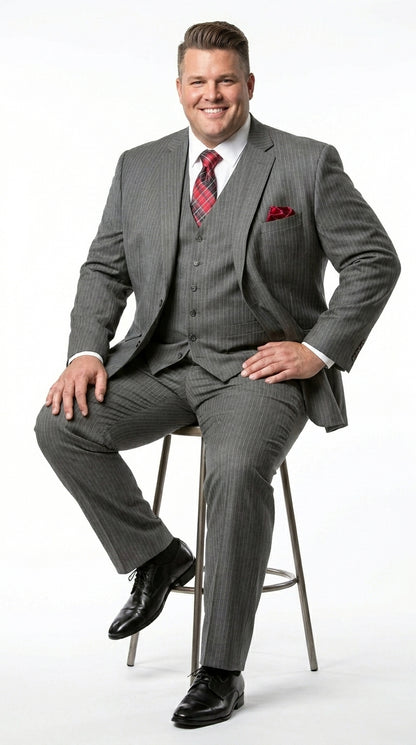 Men’s Medium Grey Classic Vested Pinstripe Suit with Jacket, Vest and Pants, Formal Dress Suit