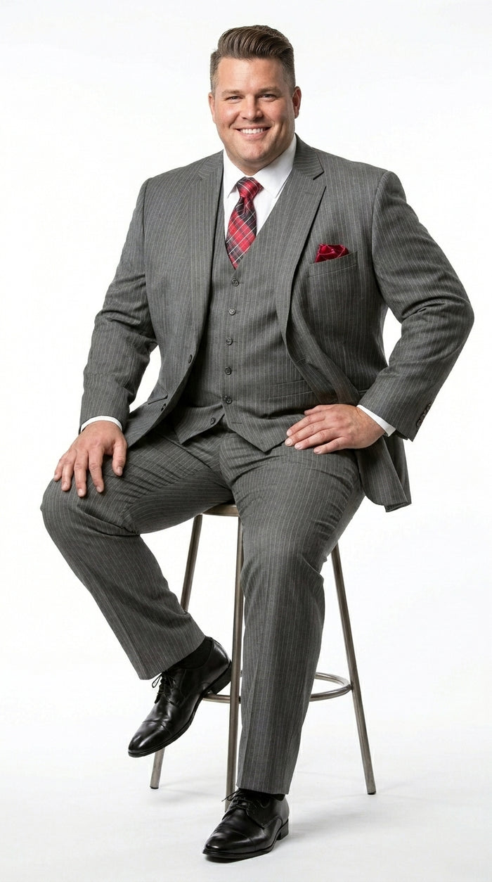 Men’s Medium Grey Classic Vested Pinstripe Suit with Jacket, Vest and Pants, Formal Dress Suit