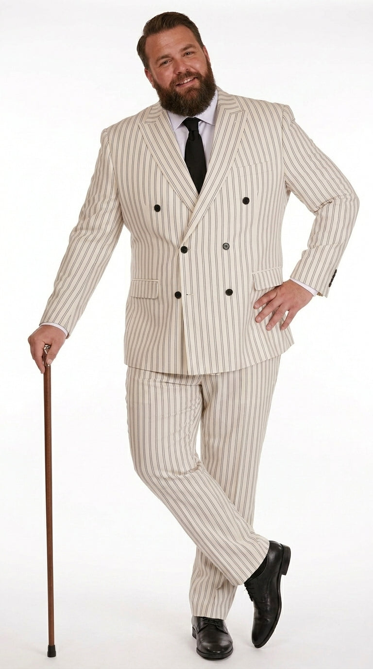 Men’s Off White Double Breasted Pinstripe Suit with Jacket and Pants, Formal Wedding Dress Suit