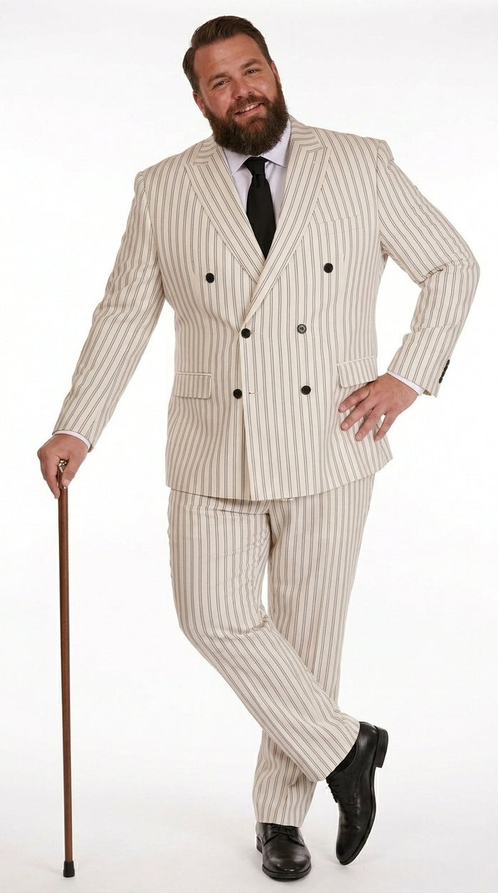 Men’s Off White Double Breasted Pinstripe Suit with Jacket and Pants, Formal Wedding Dress Suit