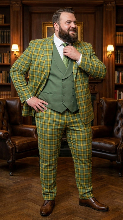 Statement - Men’s Blue and Gold Windowpane Plaid 3 Piece Wool Suit with Double Breasted Vest Modern Fit