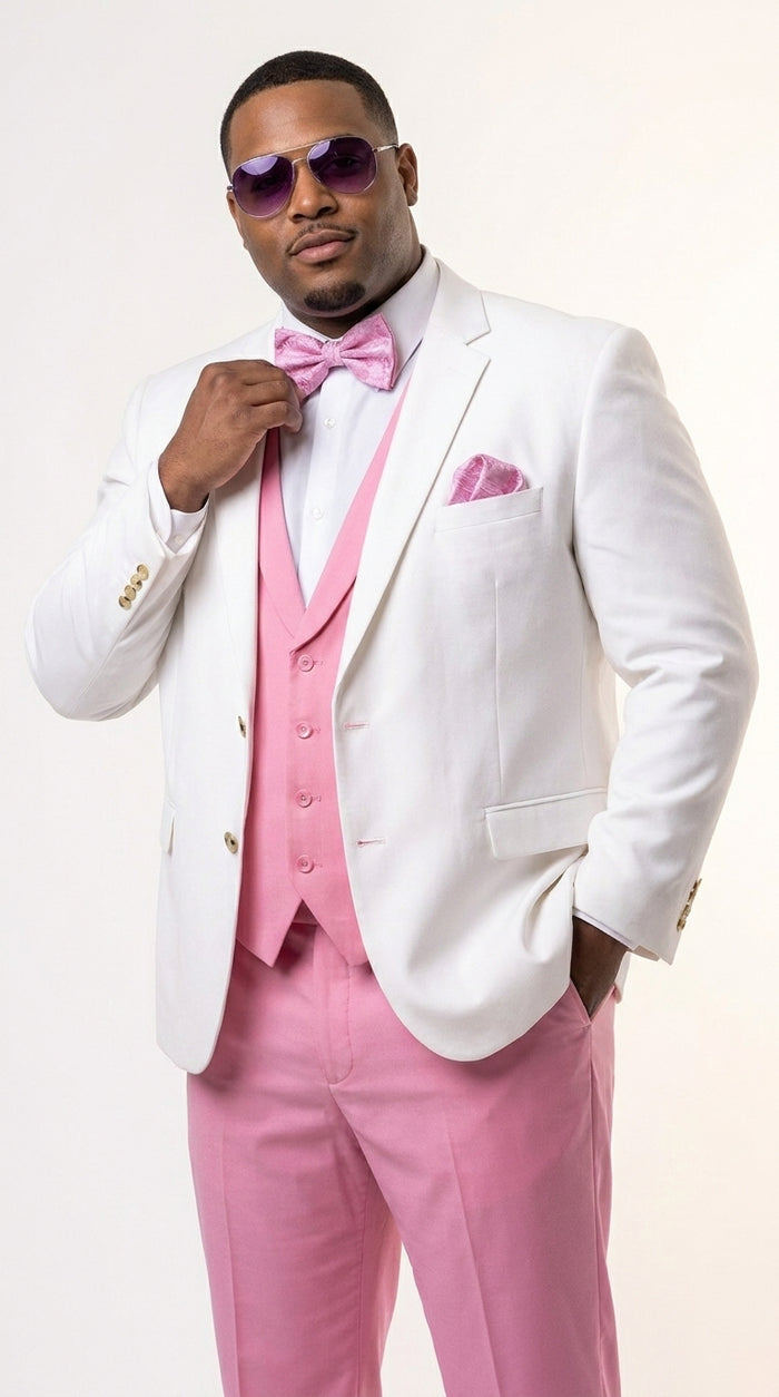 Men’s White and Light Pink Tuxedo Wedding Suit with Dinner Jacket, Vest, Pants and Bow Tie