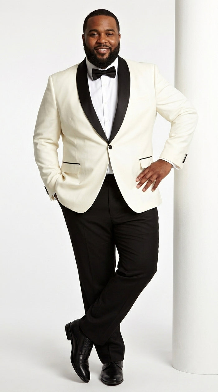 Men’s Ivory Cream Dinner Jacket Tuxedo with Black Shawl Lapel, White Blazer and Black Trouser Formal Suit for Weddings, Prom, Parties, and Special Occasions
