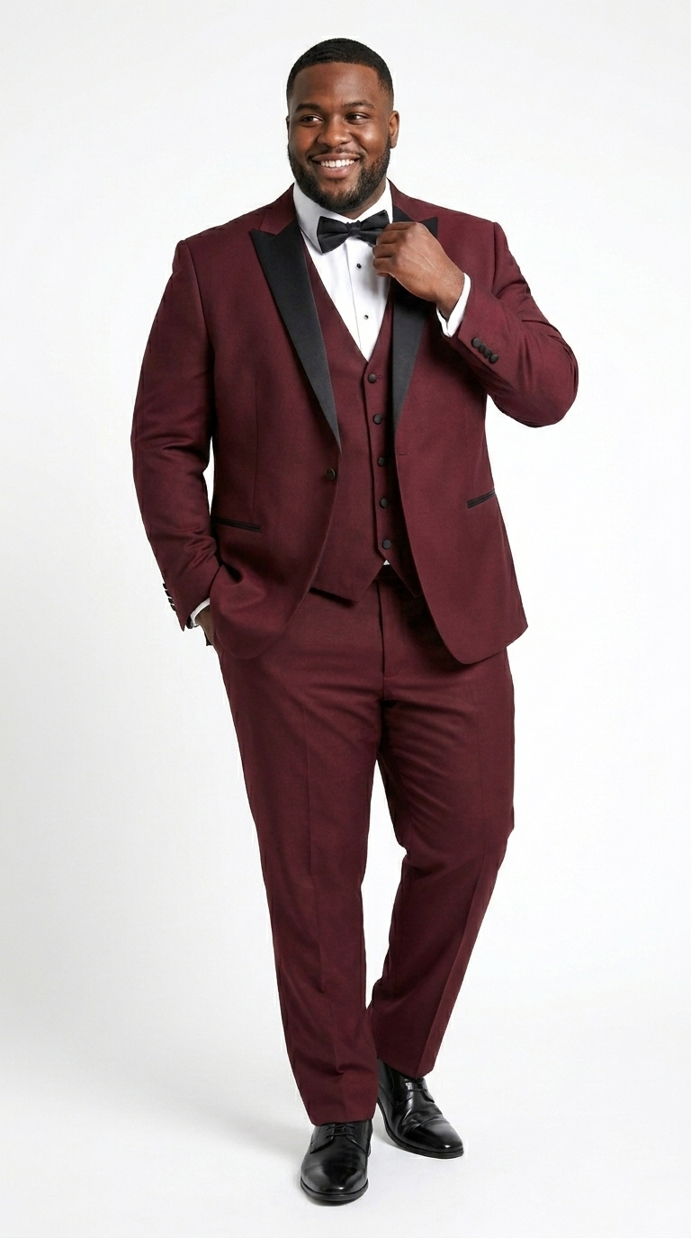 Men’s Burgundy Wine Tuxedo Suit with Black Peak Lapel, Jacket and Pants Formal Dinner Suit