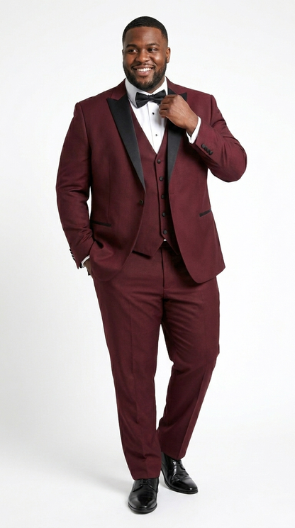 Men’s Burgundy Wine Tuxedo Suit with Black Peak Lapel, Jacket and Pants Formal Dinner Suit