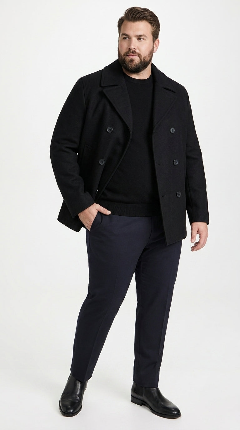 Men’s Black Big and Tall Wool Peacoat with Three Button Double Breasted Closure