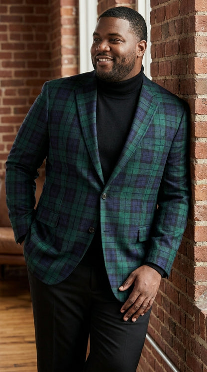 Men’s Green Tartan Plaid Dinner Jacket with Notch Lapel, Formal Sportcoat Blazer