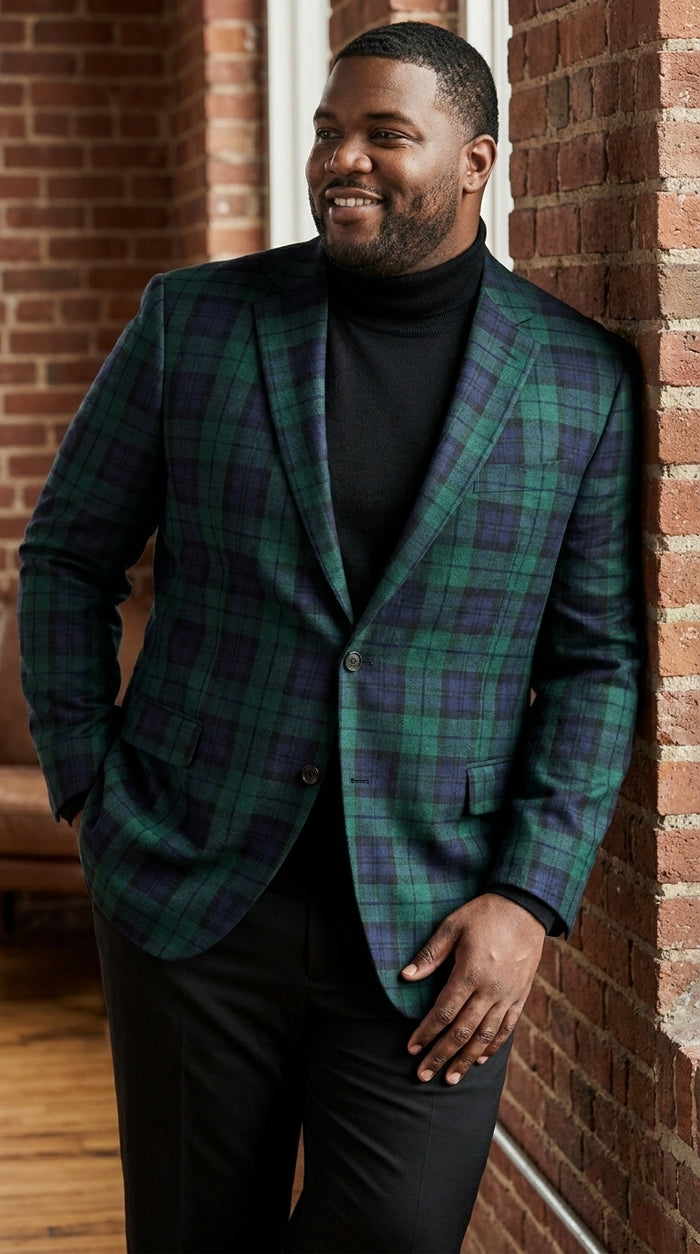 Men’s Green Tartan Plaid Dinner Jacket with Notch Lapel, Formal Sportcoat Blazer