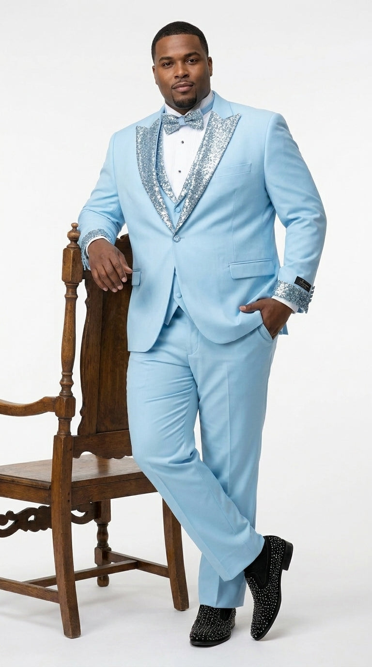 Men’s Baby Blue Prom Tuxedo with Vested Suit, Rhinestone Sequin Lapel and Matching Pants