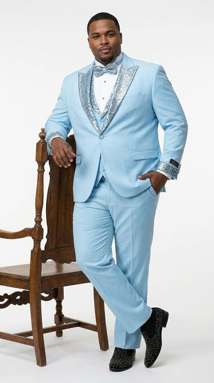 Men’s Baby Blue Prom Tuxedo with Vested Suit, Rhinestone Sequin Lapel and Matching Pants