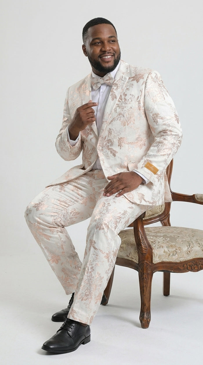 Men’s Gold and White Prom Suit with Floral Pattern Jacket, Matching Pants and Bow Tie Modern Fit