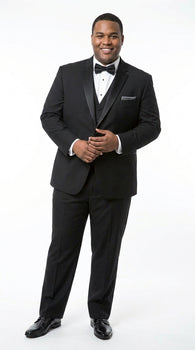 Men’s Black 2 Button Classic Vested Wedding Tuxedo with Satin Lapel and Matching Pants
