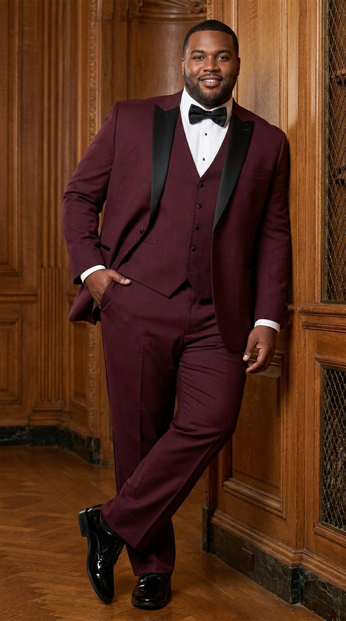 Men’s Burgundy Vested Wedding Tuxedo, One Button Jacket with Black Peak Lapel and Matching Pants