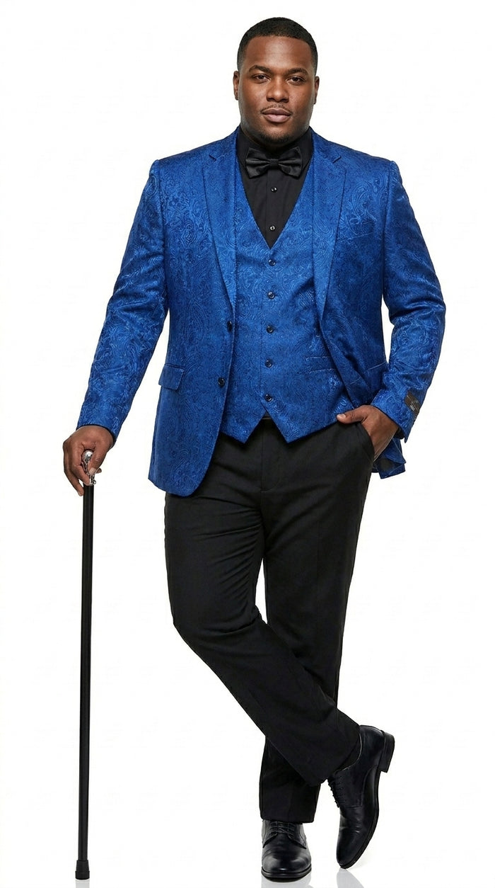 Men’s Royal Blue Indigo Paisley Prom Tuxedo Suit with Floral Jacket, Vest and Pants