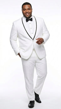 Men’s Waverly White 1 Button Shawl Tuxedo Jacket with Black Trim, Ike Evening Formal Blazer