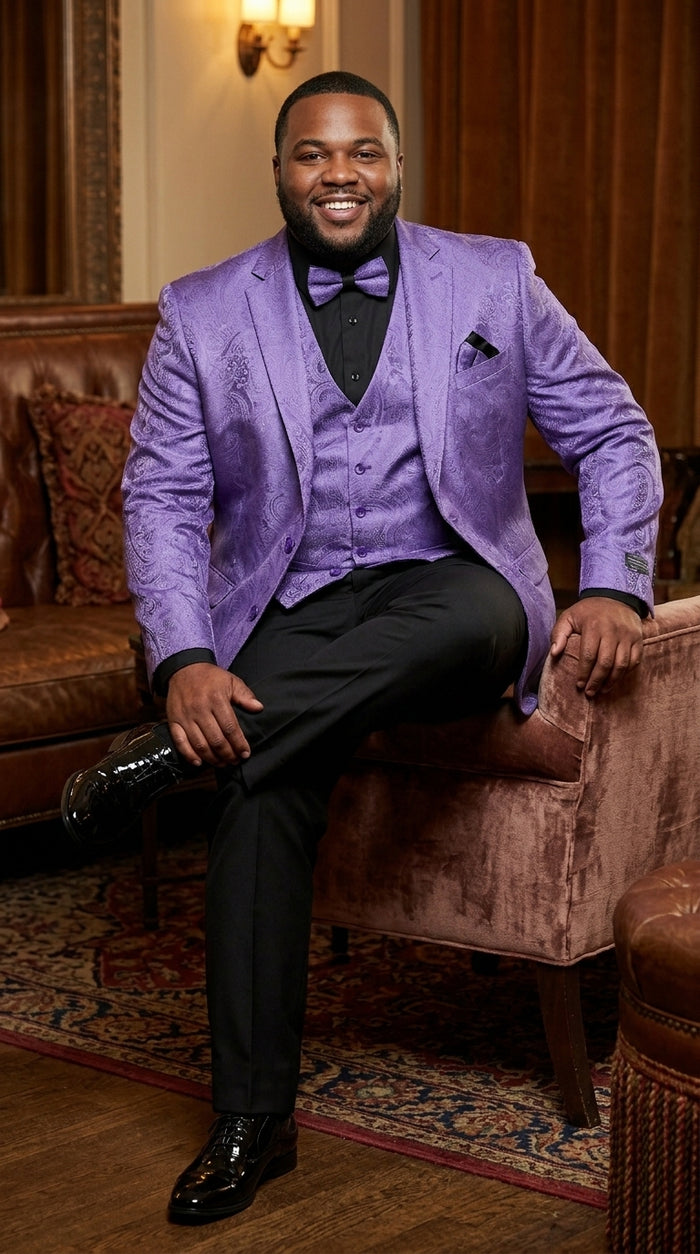 Men’s Purple Paisley Prom Tuxedo Suit, Wedding Floral Jacket with Matching Vest and Pants