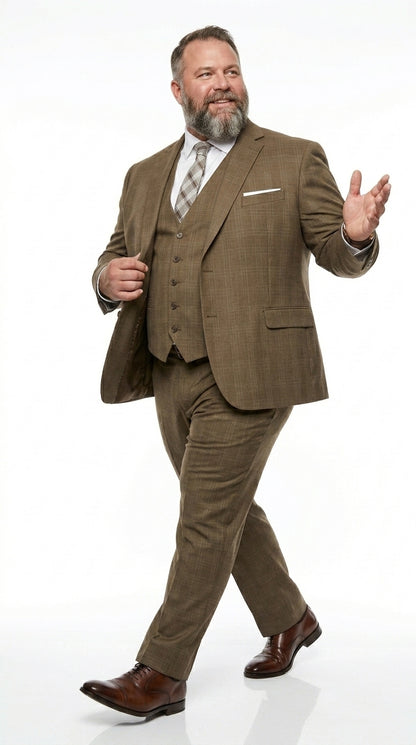 Men’s Taupe Tan Coffee Windowpane Plaid 3 Piece Suit, Two Button Vested Wedding Business Suit Set