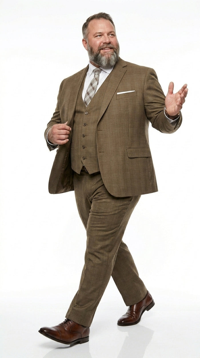 Men’s Taupe Tan Coffee Windowpane Plaid 3 Piece Suit, Two Button Vested Wedding Business Suit Set