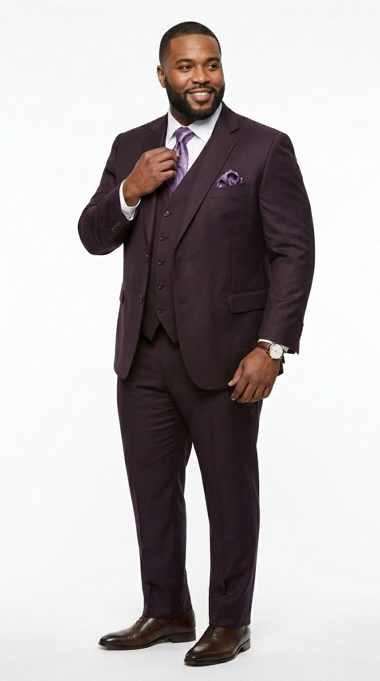 Men’s Very Dark Purple Plum Eggplant 3 Piece Suit, Classic Vested 2 Button Wedding Business Suit Set