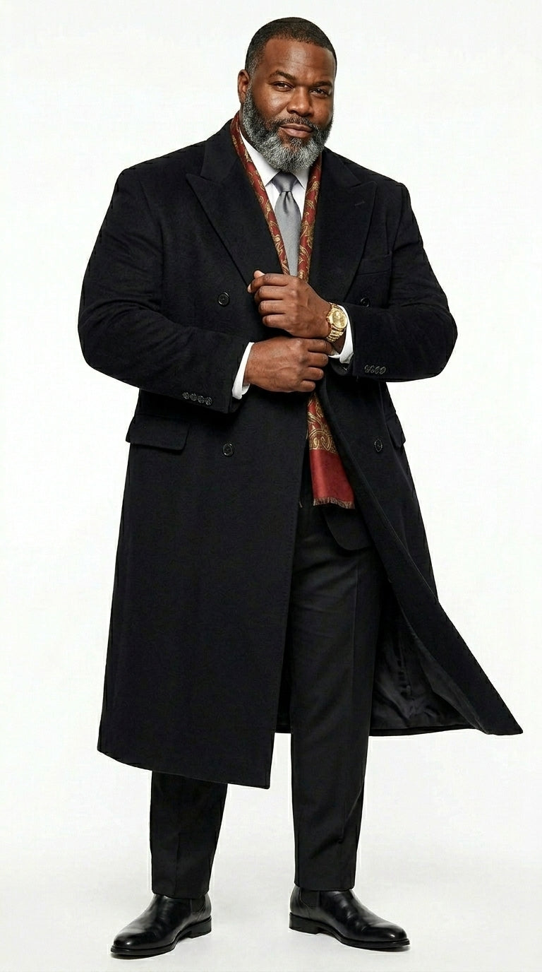 Men’s Black Six Button Fully Lined Overcoat, Long Winter Topcoat for Formal Business Wear