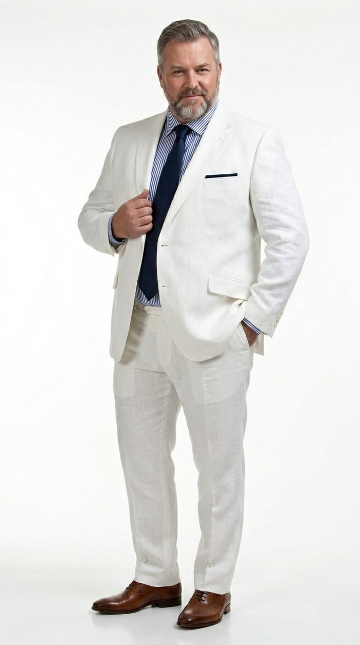 Men’s White Lightweight Linen 2 Button Suit, Formal Wedding Beach Summer Suit Set Modern Fit